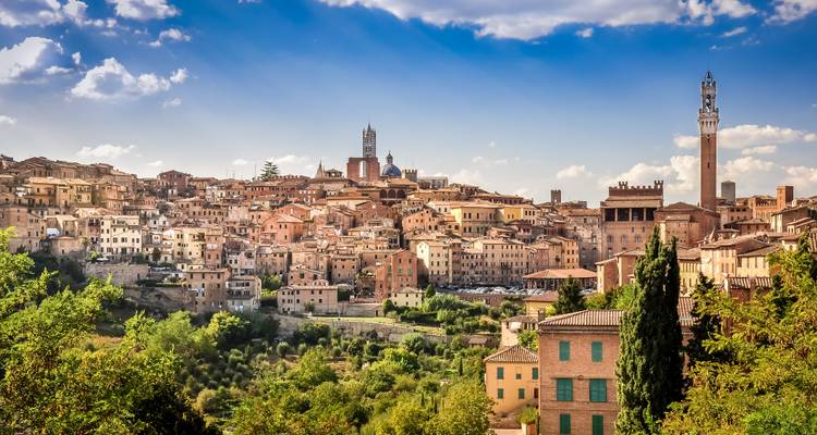 Panoramic view of Siena’s historic skyline with the cathedral dome, Torre del Mangia and honey-coloured medieval buildings under a blue sky.