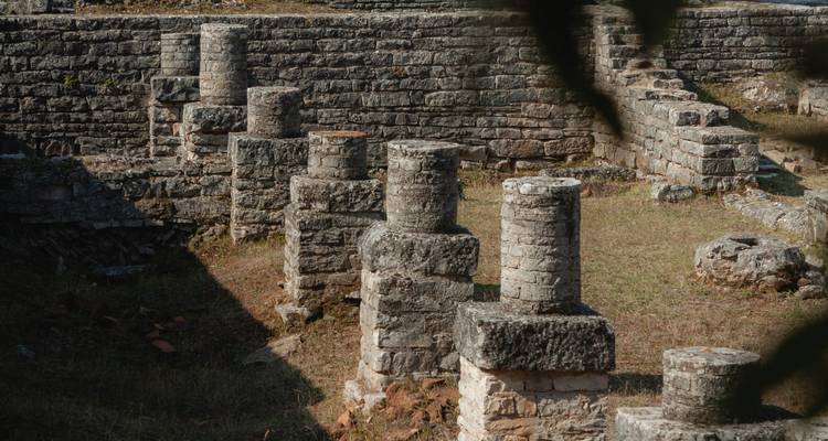Rangée de colonnes de pierre patinées provenant de ruines antiques projetant des ombres sur l'herbe sèche à l'intérieur d'épais murs.