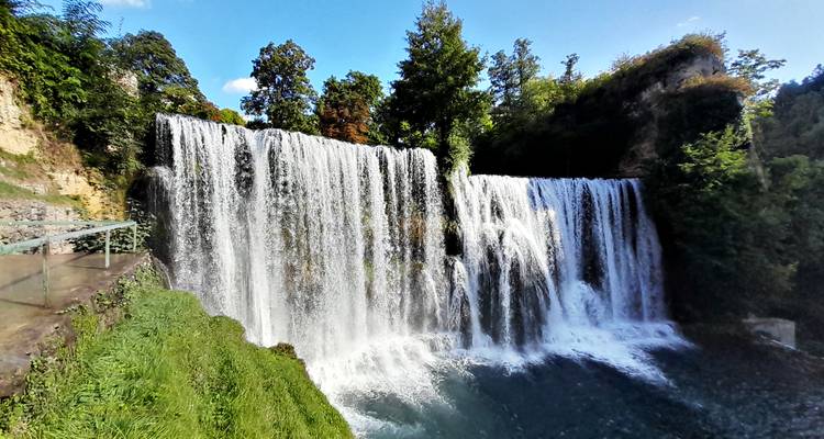 Poderosa cascada derramándose por un acantilado hacia una piscina sombreada flanqueada por follaje.