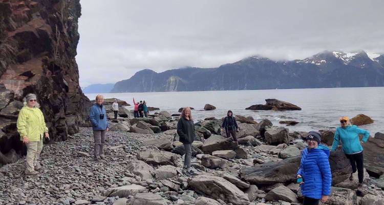 Des voyageurs dispersés sur un rivage rocheux à marée sous un ciel nuageux avec des montagnes brumeuses de l'autre côté de l'eau.