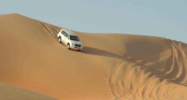 A lone SUV descends a steep golden sand dune under a pale sky.