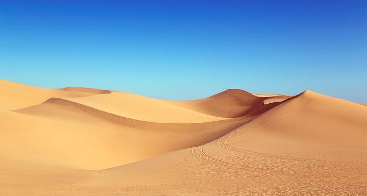 Pristine rolling sand dunes under a flawless blue sky with gentle tire tracks curving across.