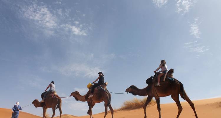Three tourists ride camels led by a guide across desert sands beneath a bright sky.