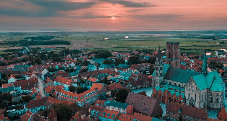 Vue aérienne au coucher du soleil de Ribe avec des maisons aux toits rouges et une cathédrale imposante près des marécages.