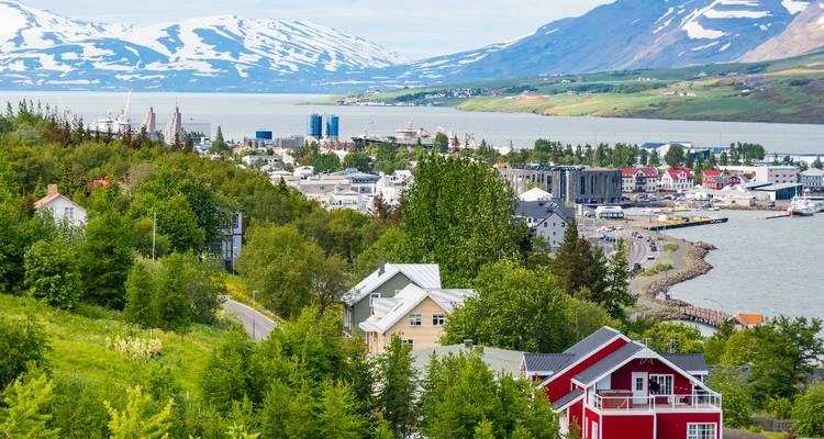 Colorful coastal town nestled by a fjord with snow-capped mountains rising in the distance.