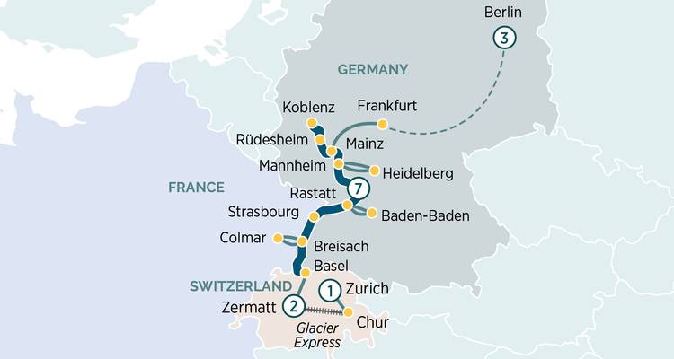 Carte montrant un itinéraire ferroviaire et en autocar multi-pays en Europe centrale à travers l'Allemagne, la France et la Suisse