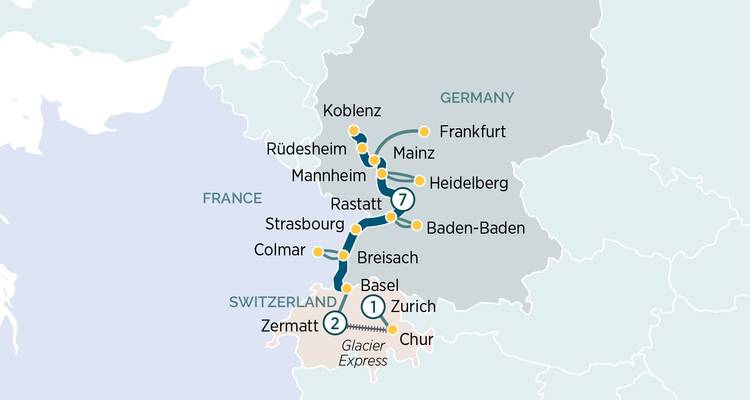 Carte d'itinéraire de croisière de Coblence à travers Baden-Baden vers Zurich et Zermatt