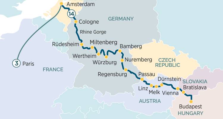 Cruise map linking Paris to Budapest via the Rhine, Main and Danube rivers.