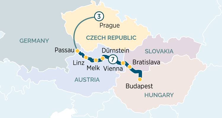 Regional map highlighting route through Prague, Vienna, Budapest and Passau.