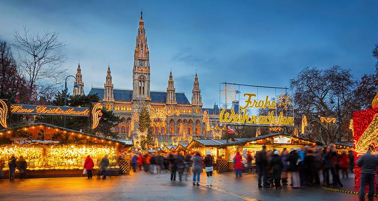 Festive Vienna Christmas market at Rathausplatz glowing with lights before the neo-gothic city hall.