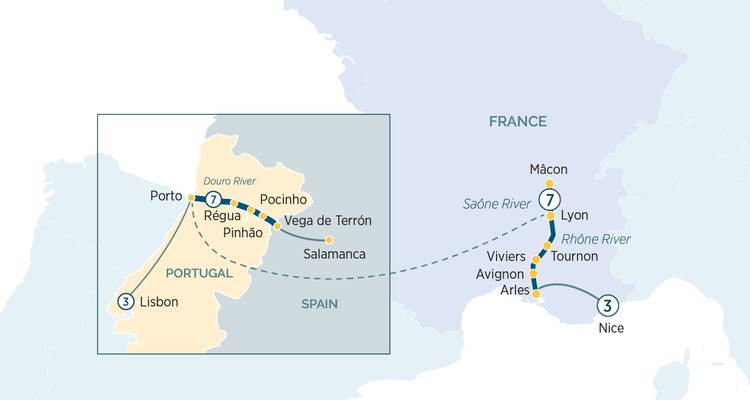 Mapa de itinerario que muestra una ruta de crucero entre Portugal, España y Francia con ciudades y ríos destacados.