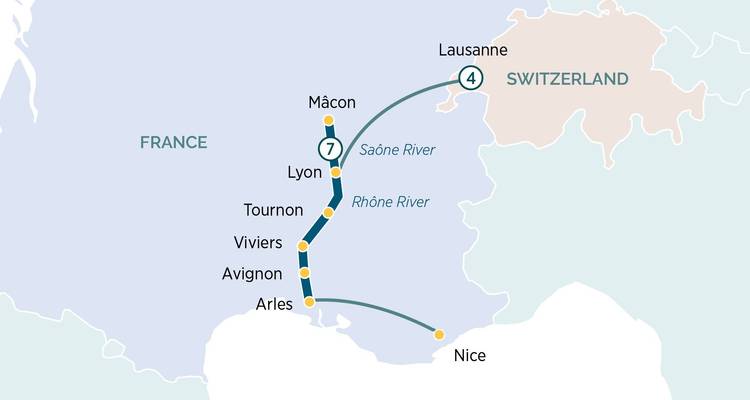 Simplified route map showing travel between Lausanne, Lyon and Nice along the Rhône and Saône Rivers.