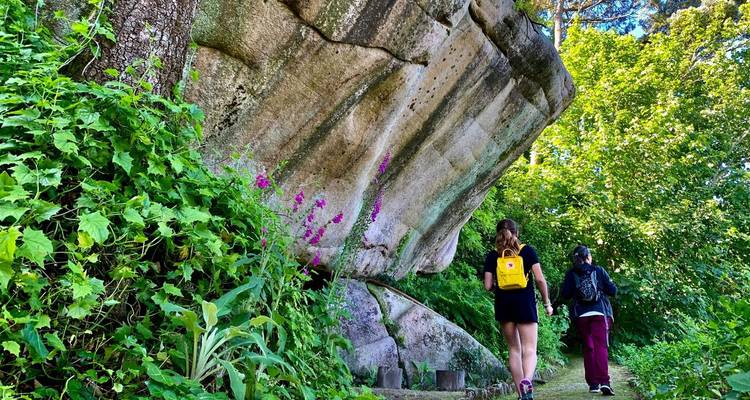 Zwei Wanderer folgen einem blätterreichen Pfad neben einer massiven, moosbewachsenen Felsenplatte, die mit Blumen übersät ist.