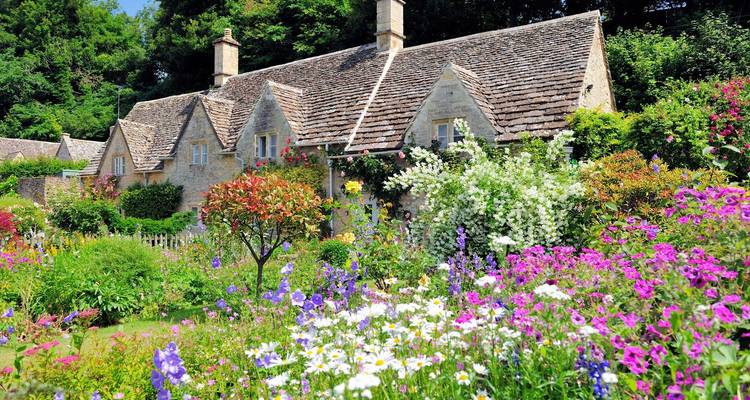 Steinhaus umgeben von einer Fülle bunter Sommerblumen unter strahlendem Sonnenschein