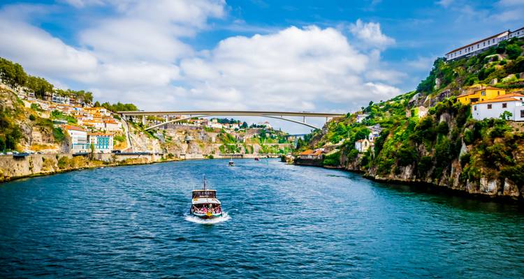 Un bateau touristique remonte le Douro d'un bleu éclatant vers le pont moderne d'Arrábida de Porto, flanqué de maisons colorées à flanc de colline.