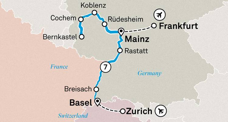 Carte illustrée montrant l'itinéraire de croisière fluviale à travers l'Allemagne, la France et la Suisse.