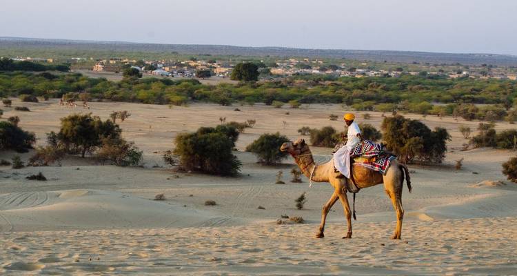 Kamelreiter in bunter traditioneller Kleidung überquert die Sanddünen der Thar-Wüste bei Abenddämmerung.