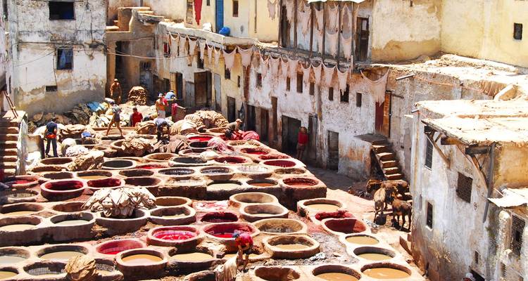 Busy traditional dye pits of the Fes tanneries with workers handling hides amid earthy buildings.