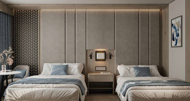 Modernes Hotelzimmer mit zwei Einzelbetten, neutralen Wandpaneelen und sanfter Beleuchtung