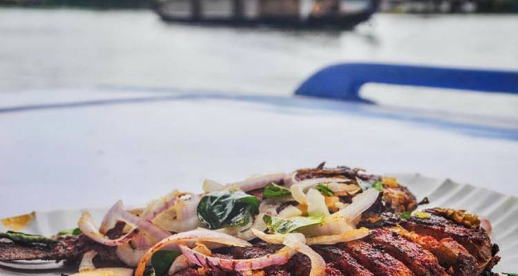 Gewürzter gegrillter Fisch, garniert mit Zwiebeln, liegt auf einem Teller an Bord eines Hausboots auf ruhigen Gewässern.