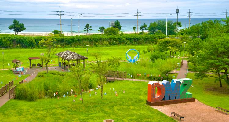 Un parc de la paix côtier verdoyant avec de grandes lettres DMZ colorées, des sentiers, de petits pavillons et la mer en arrière-plan.