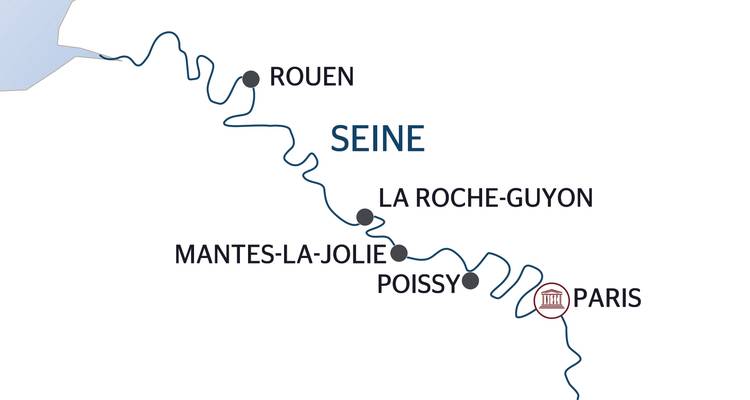 Mapa de ruta simplificado de un itinerario por el río Sena que muestra París, Rouen y otras paradas.