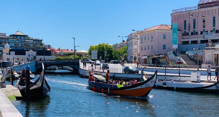 Moliceiro boats gliding along Aveiro’s canal with pastel buildings and bridge under a bright blue sky.
