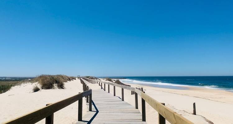 Long wooden boardwalk stretching across white sand dunes towards an empty Atlantic beach.