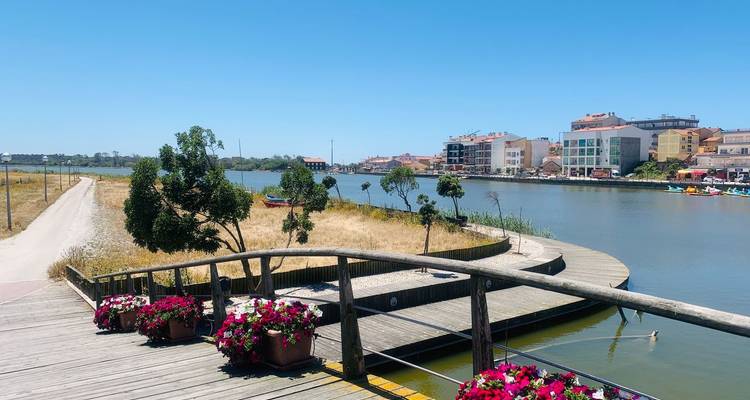 Riverside promenade with flower boxes and pastel waterfront houses reflecting in calm water.