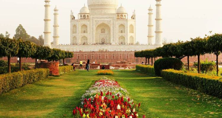 Vue frontale classique du Taj Mahal encadrée par des parterres de fleurs colorées et des cyprès.