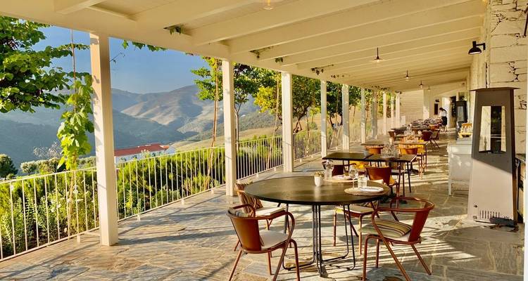 Terrasse de restaurant en plein air avec des tables rondes et des chaises donnant sur des vignobles verts et des montagnes dans la vallée du Douro au Portugal sous un ciel bleu dégagé.