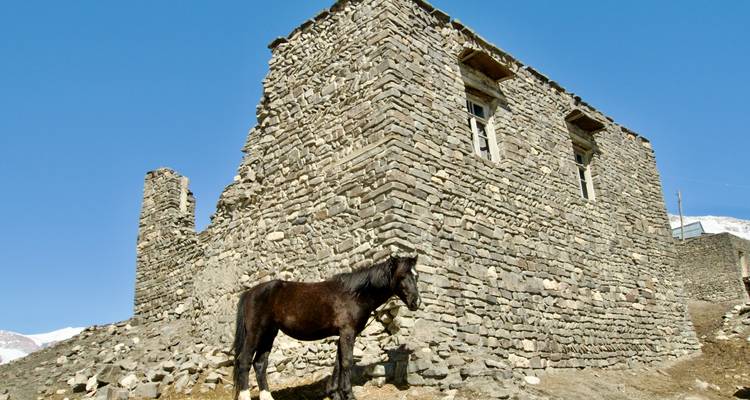 Un cheval bai se tient à côté d'une ancienne maison en pierre construite sur une colline rocheuse.