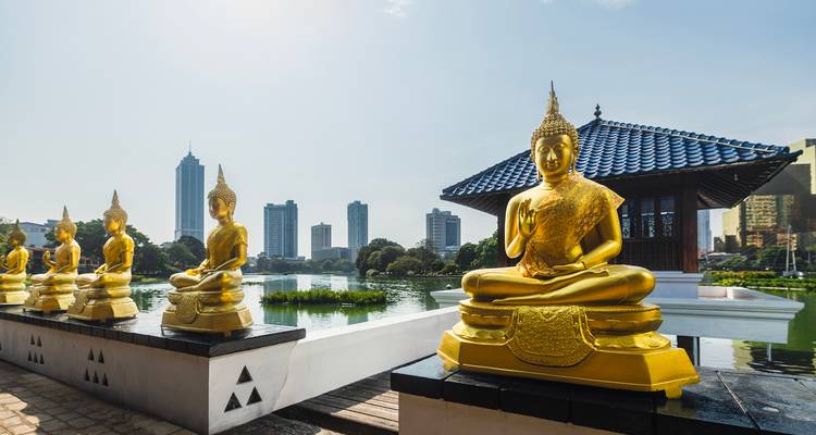 Rangée de statues de Bouddha dorées au temple Seema Malaka face aux gratte-ciel de la ville et au lac.