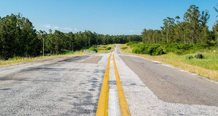 Froschperspektive einer ländlichen Asphaltstraße mit leuchtend gelben Doppellinien, die durch bewaldete Hügel führt.