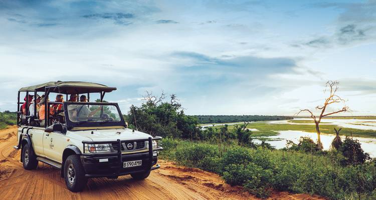Open safari vehicle driving along sandy track past wetlands under dramatic evening sky