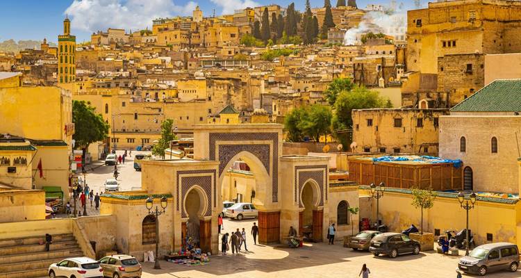 Vista sobre Fez con la ornamentada puerta azul Bab Bou Jeloud en primer plano de la extensa medina.