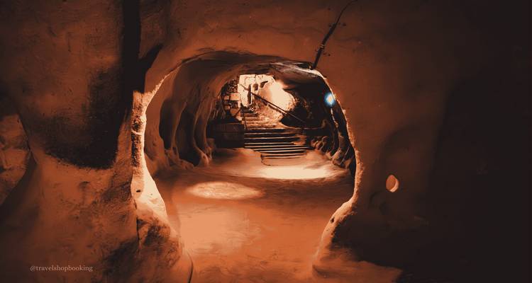Túnel tenuemente iluminado de la ciudad subterránea de Capadocia que conduce a escaleras, con iluminación cálida naranja.