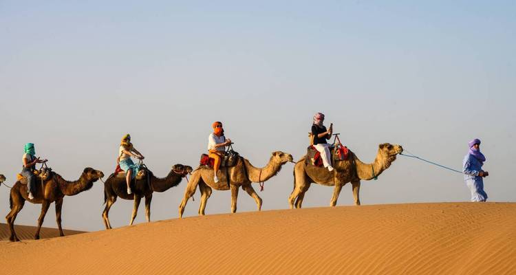 Caravane de touristes chevauchant des chameaux en file indienne à travers une dune dorée sous un ciel pâle