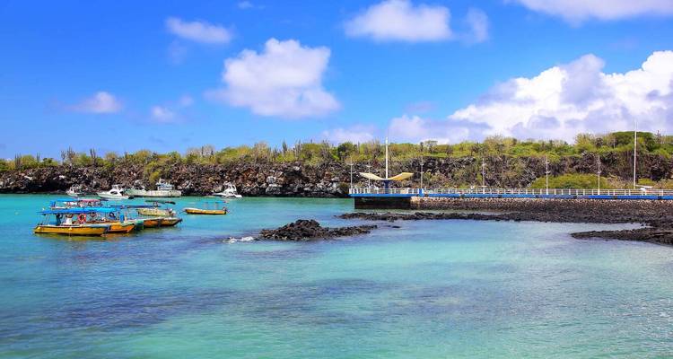 Baie turquoise avec de petits bateaux d'excursion et des roches volcaniques noires le long du rivage sous un ciel bleu.