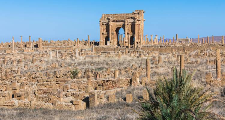 Vue panoramique des ruines romaines de Timgad avec un arc de pierre se dressant au milieu d'innombrables colonnes patinées par les intempéries.