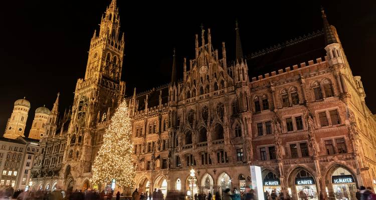 Marienplatz at night featuring a towering Christmas tree beside the illuminated New Town Hall