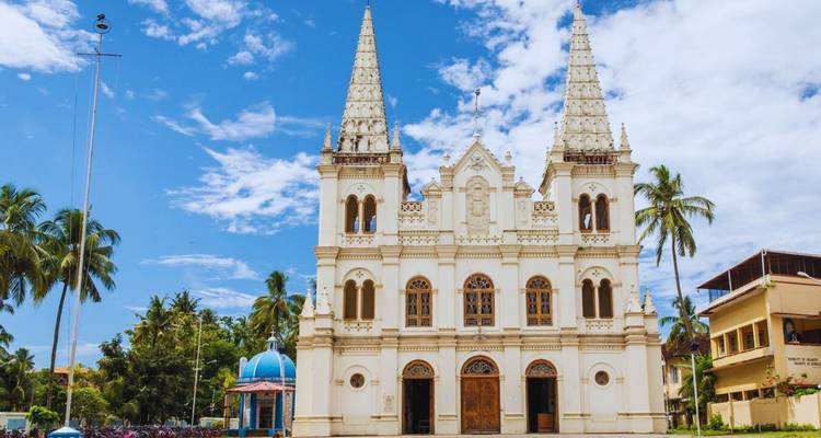 Crèmekleurige gotische basiliek met twee torens omlijst door palmbomen onder een heldere blauwe lucht.