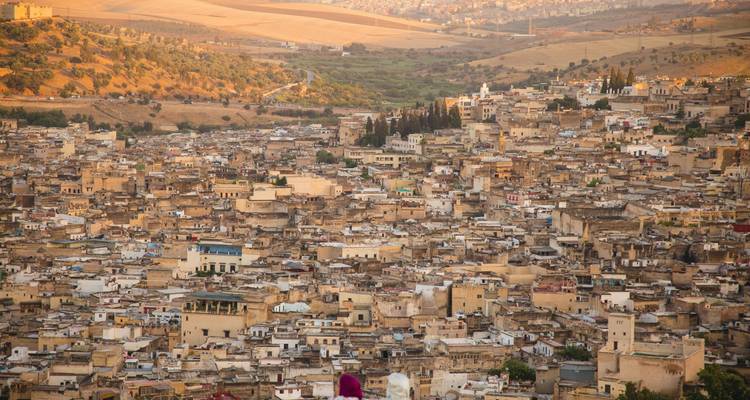 Weitläufiger Sonnenuntergangsblick über die dicht gedrängten lehmfarbenen Gebäude von Fès mit sanften Hügeln dahinter.