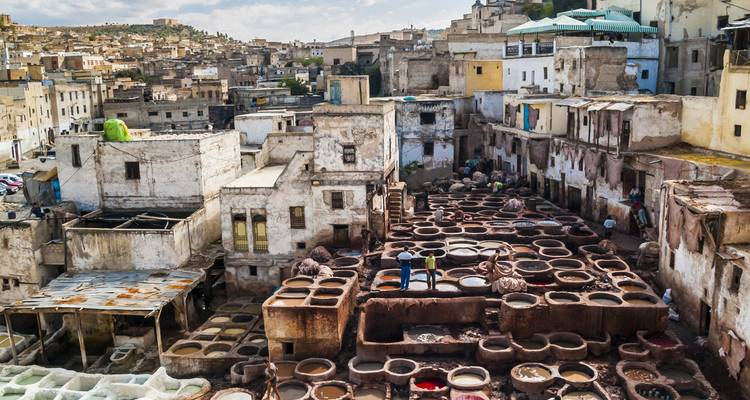 Tenerías tradicionales de cuero de Fez con innumerables pozos de tinte y trabajadores en edificios envejecidos