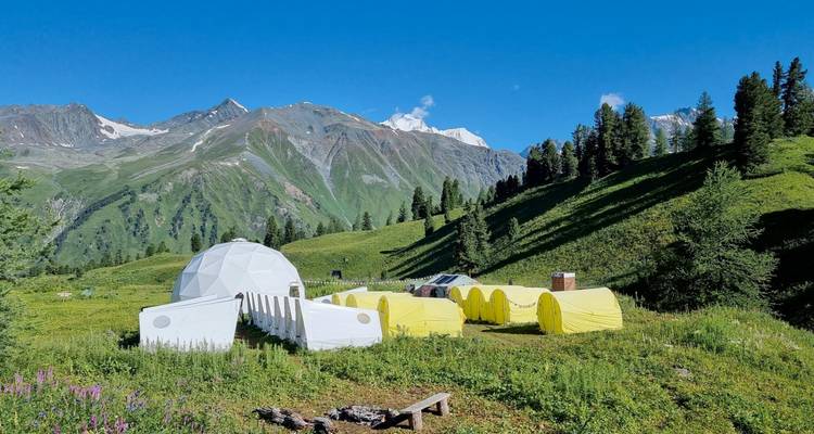 Tiendas de expedición amarillas y domo geodésico blanco ubicados en pradera alpina bajo picos nevados.