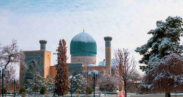 Arbres et terrains poudrés de neige entourant le mausolée au dôme turquoise par un matin d'hiver.