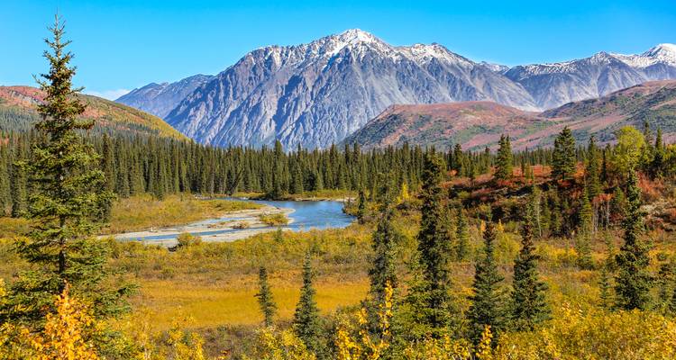Colorful autumn valley with river, dense evergreens and majestic snow-capped mountain range.