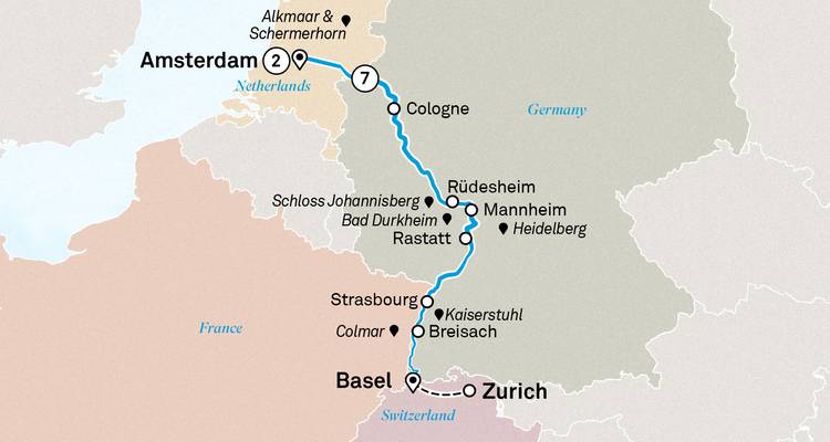 Mapa de ruta de crucero de Ámsterdam a Zúrich destacando las regiones vinícolas alemanas y Alsacia.