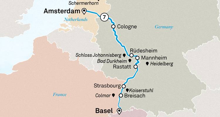 Mapa que traza crucero por el Rin de Ámsterdam a Basilea con excursión a la región de Kaiserstuhl.