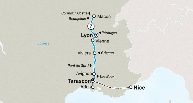 Routenkarte von Lyon nach Süden durch die Provence bis nach Nizza, mit Hervorhebung von Tarascon und Avignon.